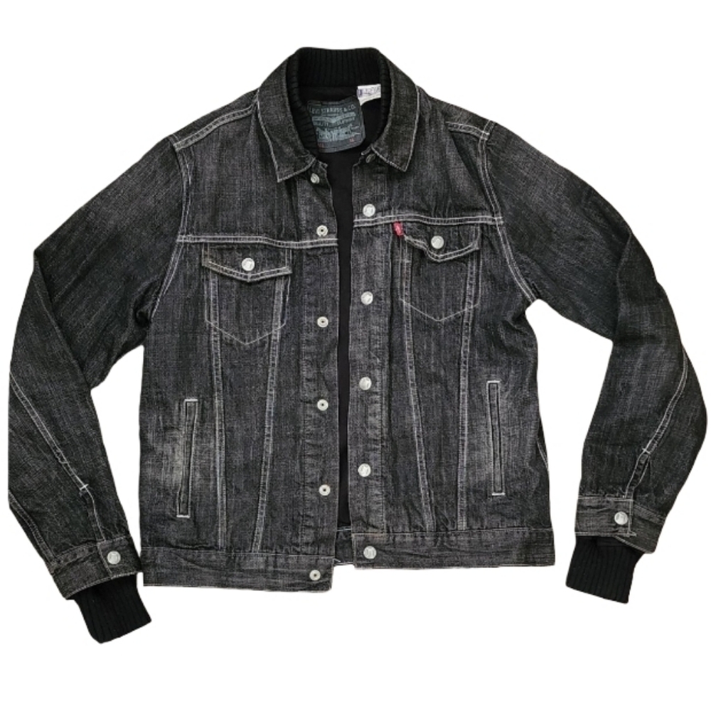 Levi's 57531 Black Denim‎ Trucker Jacket Youth XL Knit Collar & Cuffs Lined